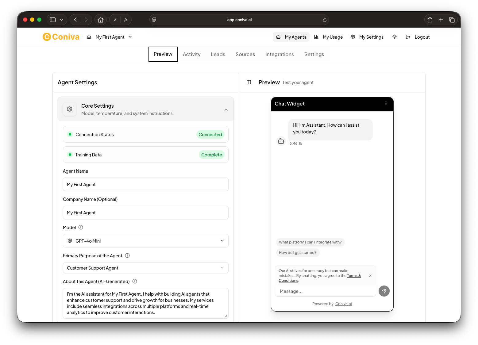 Agent Settings Interface
